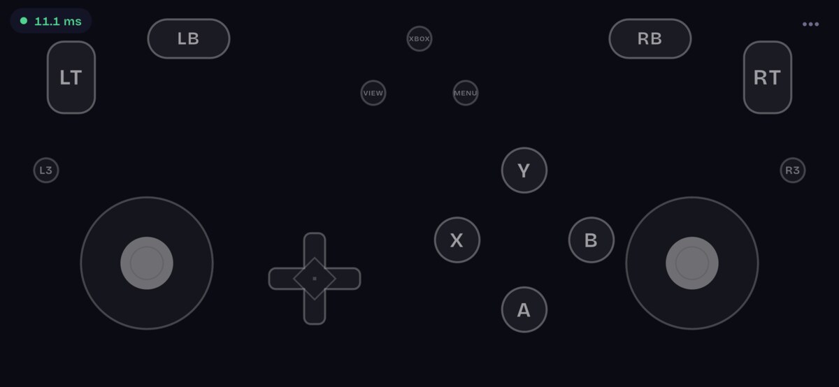 The PhonePad controller in landscape: two sticks, a D-pad, four face buttons, shoulder buttons and analogue triggers, drawn as thin white outlines over a near-black background