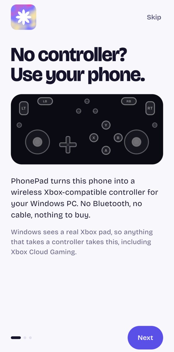 The PhonePad first-run screen reading: No controller? Use your phone.